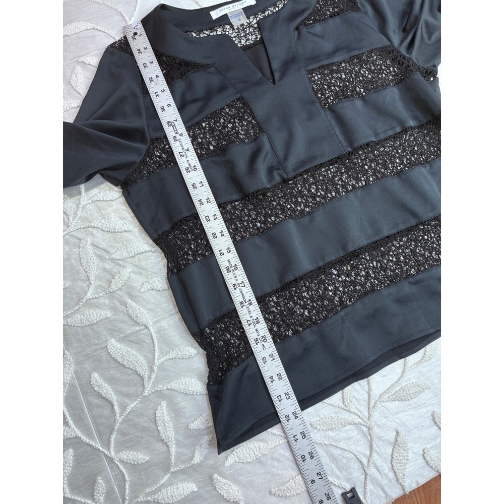 Peter Nygard Petite Black Lace Striped Trim V-Neck 3/4 Sleeve Tunic Top Size 12 - Picture 5 of 9